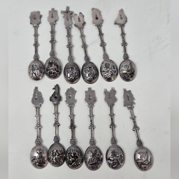 Vtg Holland Dutch demitasse mini spoons stamped novelty ornate figural set of 12 - Picture 7 of 10